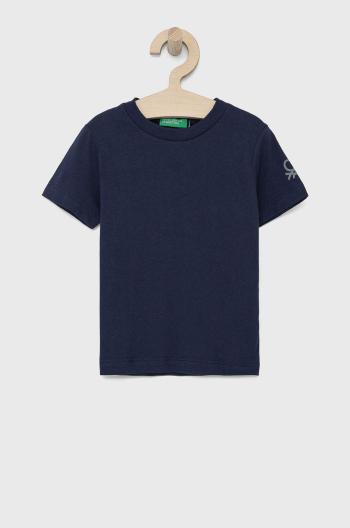 Detské bavlnené tričko United Colors of Benetton tmavomodrá farba, jednofarebné