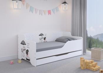 Detská posteľ s chrbtom LILU 160 x 80 cm - Dievčatko na výlete  GIRL ON TRIP posteľ + úložný priestor A - ľavá strana (zábrana)