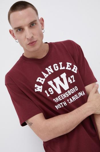 Bavlnené tričko Wrangler bordová farba, s potlačou