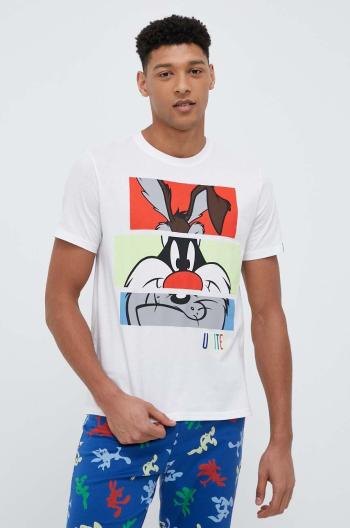 Bavlnené pyžamové tričko United Colors of Benetton x Looney Tunes biela farba, vzorovaná