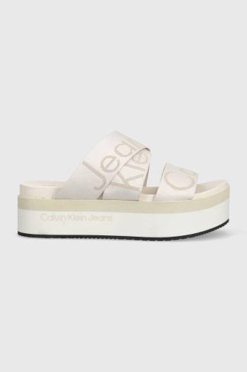 Šľapky Calvin Klein Jeans FLATFORM SANDAL WEBBING dámske, béžová farba, na platforme, YW0YW00966