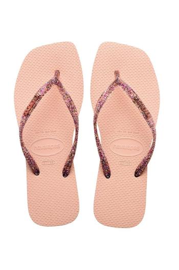 Žabky Havaianas SLIM SQUARE LOGO METALLIC dámske, ružová farba, na plochom podpätku, 4148257