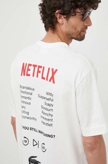 Bavlnené tričko Lacoste x Netflix biela farba, vzorované