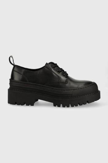 Kožené poltopánky Tommy Jeans Foxing Leather Shoe dámske, čierna farba, na platforme
