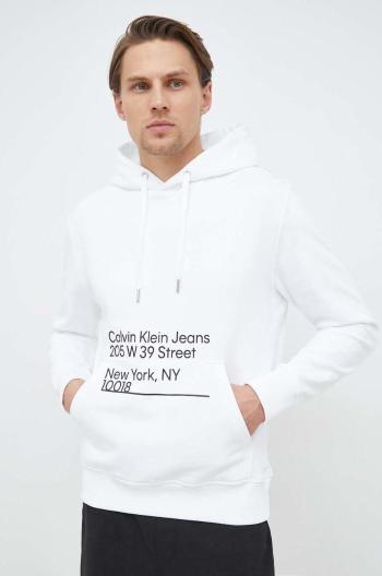 Bavlnená mikina Calvin Klein Jeans pánska, biela farba, s kapucňou, s potlačou