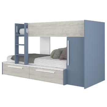 Sconto Poschodová posteľ so skriňou EMMET I pínia cascina/modrá, 90x200 cm