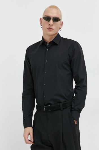 Bavlnená košeľa HUGO pánska, čierna farba, slim, s klasickým golierom