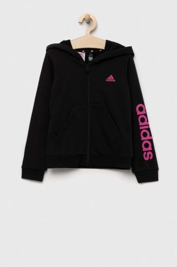 Detská mikina adidas čierna farba, s kapucňou, s potlačou