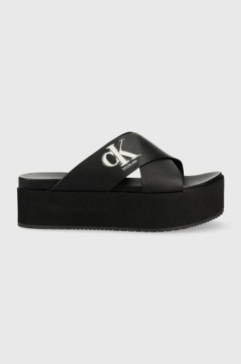 Kožené šľapky Calvin Klein Jeans FLATFORM CRISSX OVERSIZED BRAND dámske, čierna farba, na platforme, YW0YW00964