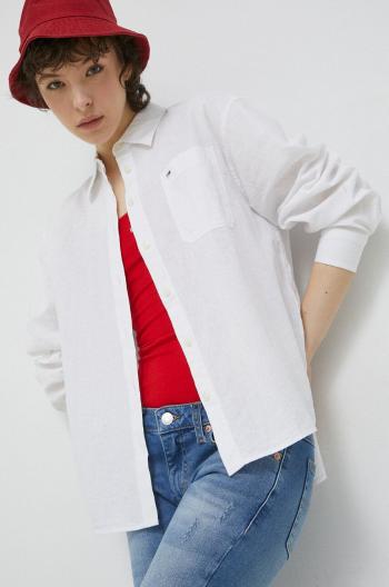 Košeľa s prímesou ľanu Tommy Jeans biela farba, voľný strih, s klasickým golierom