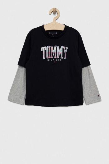 Detská bavlnená košeľa s dlhým rukávom Tommy Hilfiger tmavomodrá farba, s nášivkou