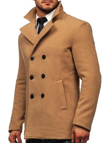 Kamelový pánsky zimný dvojradový kabát s vysokým golierom Bolf 8078