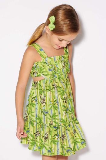 Ľanové šaty pre deti Mayoral zelená farba, mini, áčkový strih