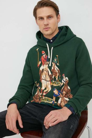 Mikina Polo Ralph Lauren pánska, zelená farba, s kapucňou, s potlačou