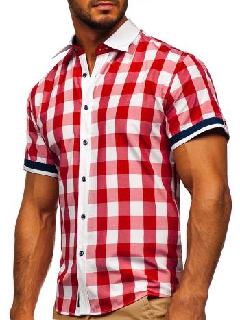 Červená pánska elegantná károvaná košeľa s krátkymi rukávmi BOLF 8901