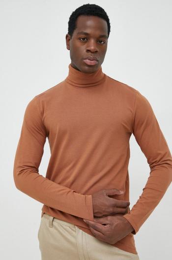 Tričko s dlhým rukávom Selected Homme pánske, hnedá farba, jednofarebné