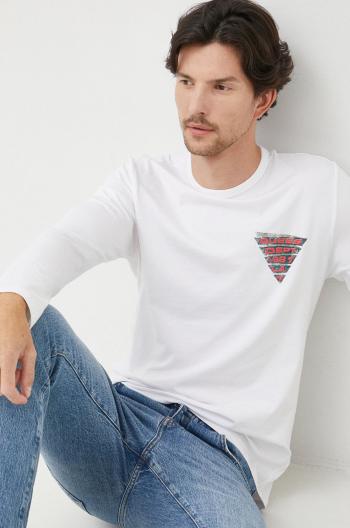 Tričko s dlhým rukávom Guess pánske, biela farba, jednofarebné