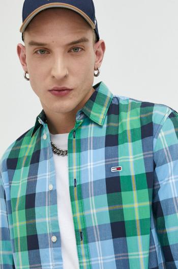 Bavlnená košeľa Tommy Jeans pánska, zelená farba, regular, s klasickým golierom