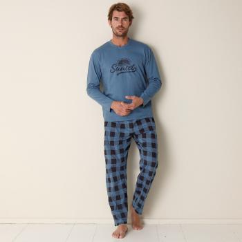 Blancheporte Kockované bavlnené pyžamo s dlhými rukávmi a nohavicami modrosivá 117/126 (XXL)
