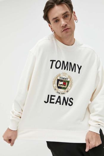 Bavlnená mikina Tommy Jeans pánska, béžová farba, s nášivkou