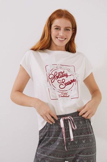 Bavlnené pyžamové tričko women'secret Mix & Match Nordic Xmas biela farba, bavlnené