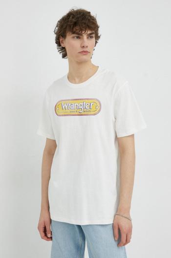 Bavlnené tričko Wrangler biela farba, s potlačou