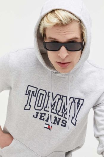 Bavlnená mikina Tommy Jeans pánska, šedá farba, s kapucňou, s potlačou