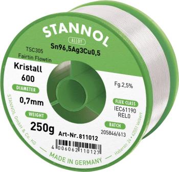 Stannol Kristall 600 Fairtin spájkovací cín bez olova bez olova Sn96,5Ag3Cu0,5 250 g 0.7 mm