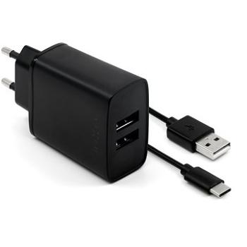 FIXED Smart Rapid Charge 15 W s 2× USB výstupom a USB/USB-C káblom 1 m čierna (FIXC15-2UC-BK)