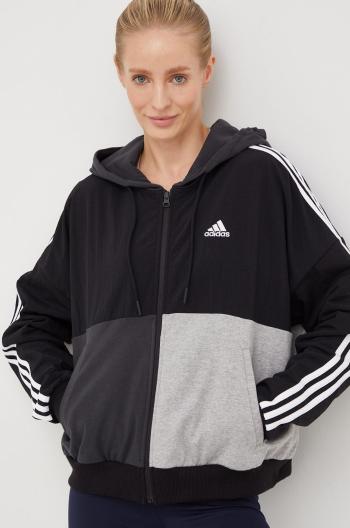 Bavlnená mikina adidas dámska, šedá farba, s kapucňou, vzorovaná