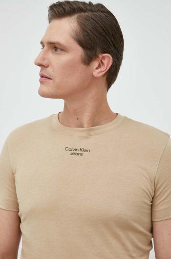 Bavlnené tričko Calvin Klein Jeans béžová farba, s potlačou