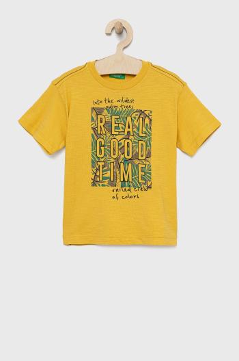 Detské bavlnené tričko United Colors of Benetton žltá farba, s potlačou
