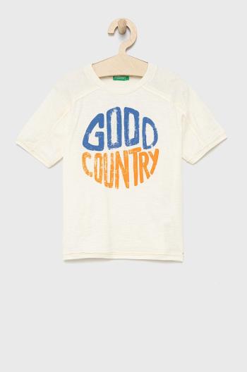 Detské bavlnené tričko United Colors of Benetton béžová farba, s potlačou