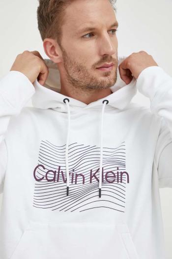 Bavlnená mikina Calvin Klein pánska, biela farba, s kapucňou, s potlačou