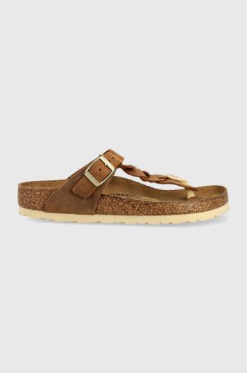 Kožené žabky Birkenstock dámske, hnedá farba, na plochom podpätku