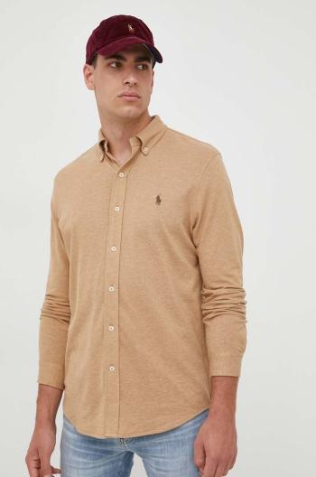 Bavlnená košeľa Polo Ralph Lauren pánska,béžová farba,regular,s golierom button-down,710654408