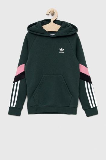 Detská mikina adidas Originals zelená farba, s kapucňou, jednofarebná