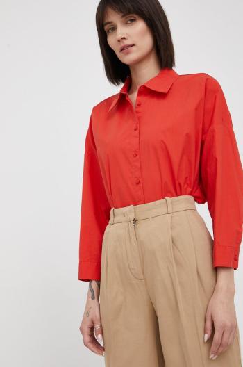 Bavlnená košeľa Sisley dámska, červená farba, voľný strih, s klasickým golierom