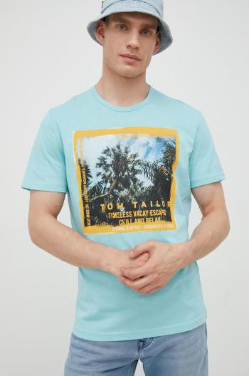 Bavlnené tričko Tom Tailor tyrkysová farba, s potlačou