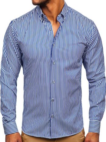 Kobaltová modrá pánska pruhovaná košeľa s dlhými rukávmi Bolf 20726