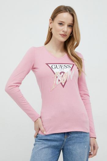 Bavlnené tričko s dlhým rukávom Guess ružová farba