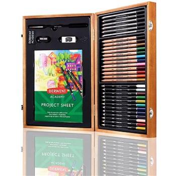 DERWENT Academy Wooden Gift Box, drevený darčekový kufrík, výtvarná sada pasteliek a ceruziek, 30 ks (2300147)