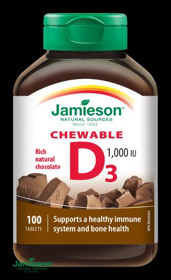 Jamieson Vitamín D3 1000IU tablety na cmúľanie s príchuťou čokolády 100 ks