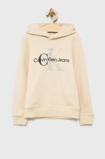 Detská mikina Calvin Klein Jeans béžová farba, s potlačou