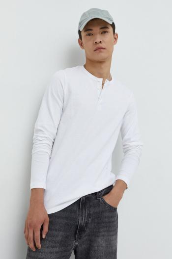 Bavlnené tričko s dlhým rukávom Solid biela farba, jednofarebné