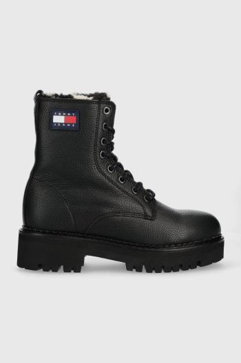 Kožené členkové topánky Tommy Jeans Tommy Jeans Urban Warmlined Boot dámske, čierna farba, na plochom podpätku, zateplené