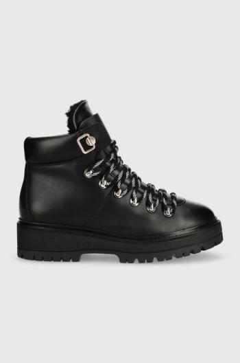 Členkové topánky Tommy Hilfiger Leather Outdoor Flat Boot dámske, čierna farba, na platforme, jemne zateplené