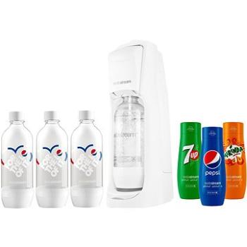 SodaStream Jet Pastel white + náhradná fľaša SodaStream + príchuť PEPSI + príchuť 7UP + príchuť MIRI