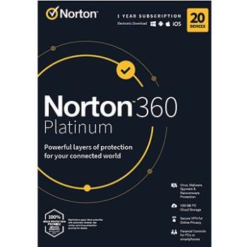 Norton 360 Platinum 100 GB, VPN, 1 používateľ, 20 zariadení, 12 mesiacov (elektronická licencia) (21428036) + ZDARMA Inštalácia na diaľku Alza služby - online instalace