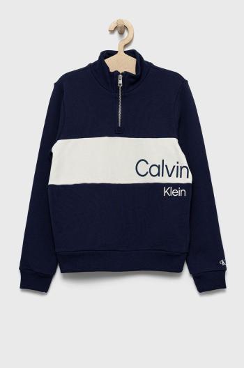 Detská bavlnená mikina Calvin Klein Jeans tmavomodrá farba, s potlačou